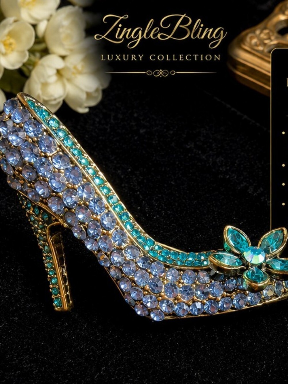 Blue Rhinestone High Heel Shoe Brooch Pin Gold Tone Crystal Flower Statement
